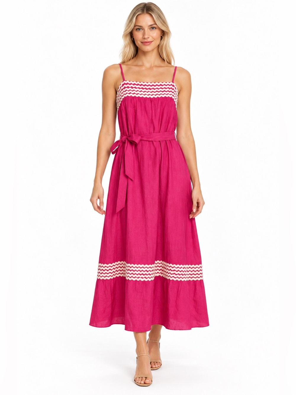 Entro NWT Size Large Women's Fuchsia Spaghetti-Strap Maxi Dress with Waist Tie